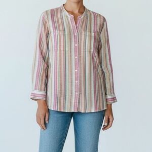 Lands End Collarless Linen Long Sleeve Stripe Shirt Women Medium Petite Pink